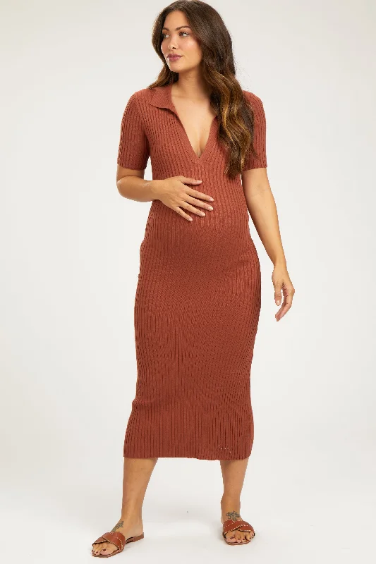 Maternity dress for a baby's first visit to the forest Rust Ribbed Collared V-Neck Maternity Midi Dress Maternity dress for a baby's first visit to the forest Rust Ribbed Collared V-Neck Maternity Midi Dress
