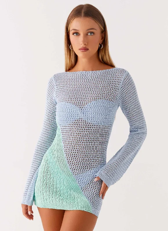 Mini dresses with pom - pom trims for a playful feel Estie Long Sleeve Crochet Mini Dress - Multi