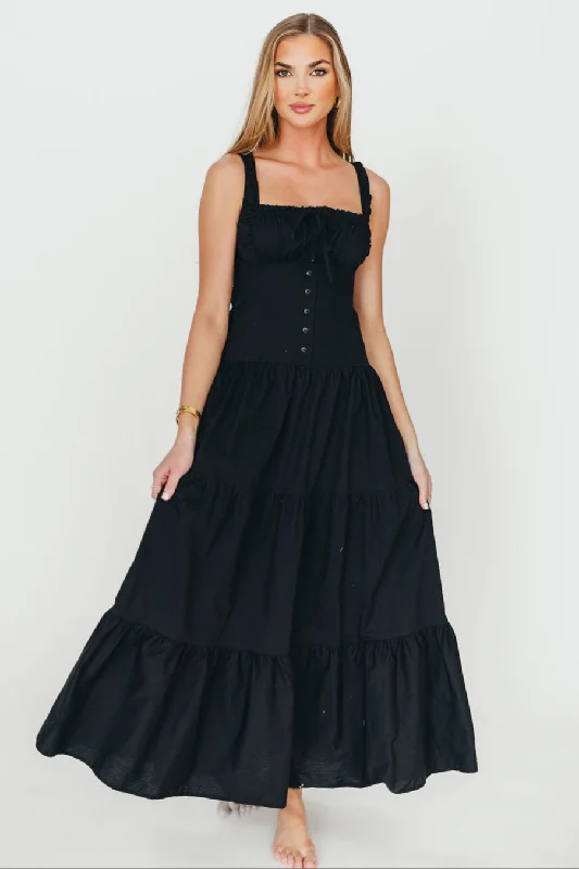 Sheath midi dresses with beaded embellishments for a formal occasion Sutton Corset Button Down Tiered Maxi Dress in Black Sheath midi dresses with beaded embellishments for a formal occasion Sutton Corset Button Down Tiered Maxi Dress in Black