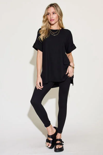 Plus Size Women's Stretch Cotton Tight Trousers in Navy for Comfortable Everyday WearZenana Short Sleeve Buttery Soft Slit T-Shirt and Leggings Set Black Plus Size Women's Stretch Cotton Tight Trousers in Navy for Comfortable Everyday WearZenana Short Sleeve Buttery Soft Slit T-Shirt and Leggings Set Black