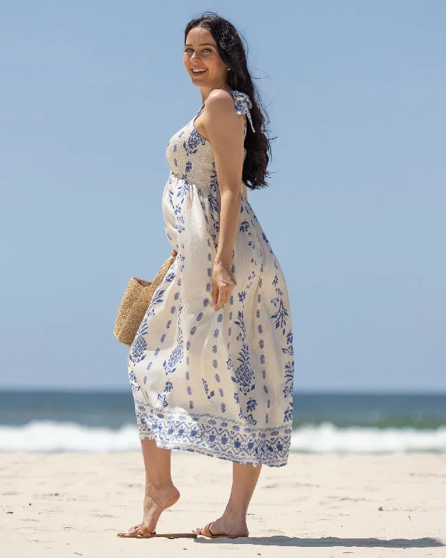 Aenor Blue Border Print Summer Dress