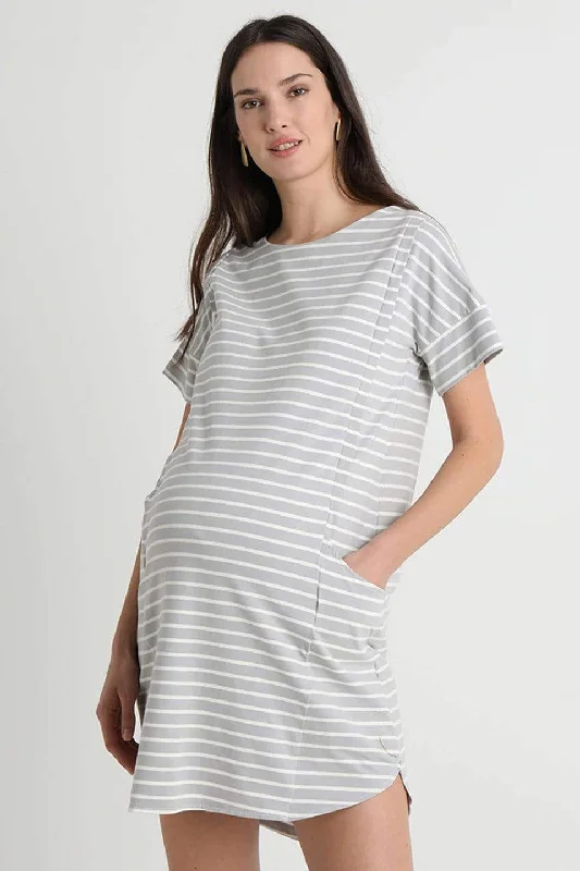 Batwing Sleeves Cambrie Nursing Dress Grey Stripes