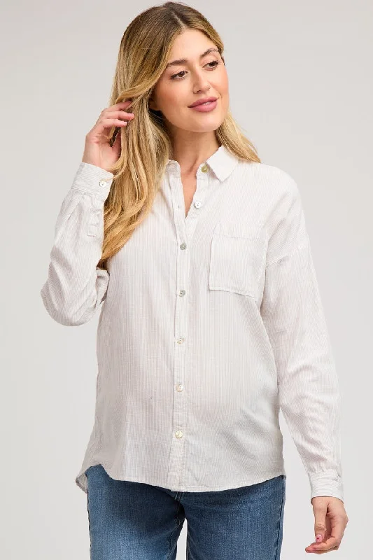 push up bras for enhanced cleavageBeige Striped Basic Button Down Maternity Top