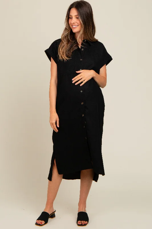 balconette bras for a sexy necklineBlack Corduroy Button Down Maternity Midi Dress