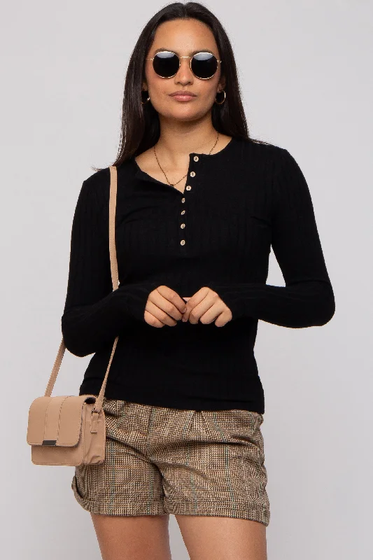 Black Ribbed Knit Button Long Sleeve Top