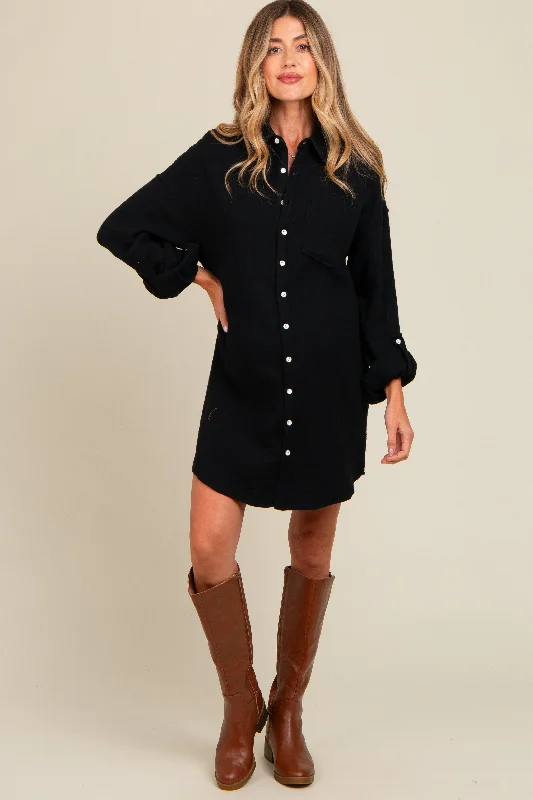 padded bras for added volumeBlack Rolled Cuff Maternity Button Down Dress