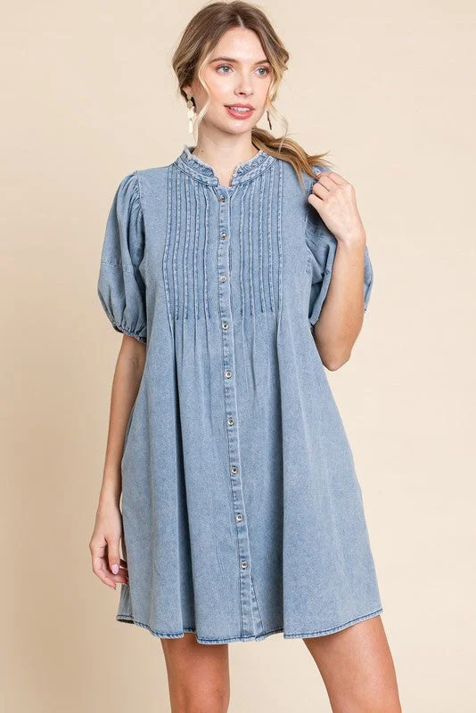 Blue Button Down Puff Sleeve Dress