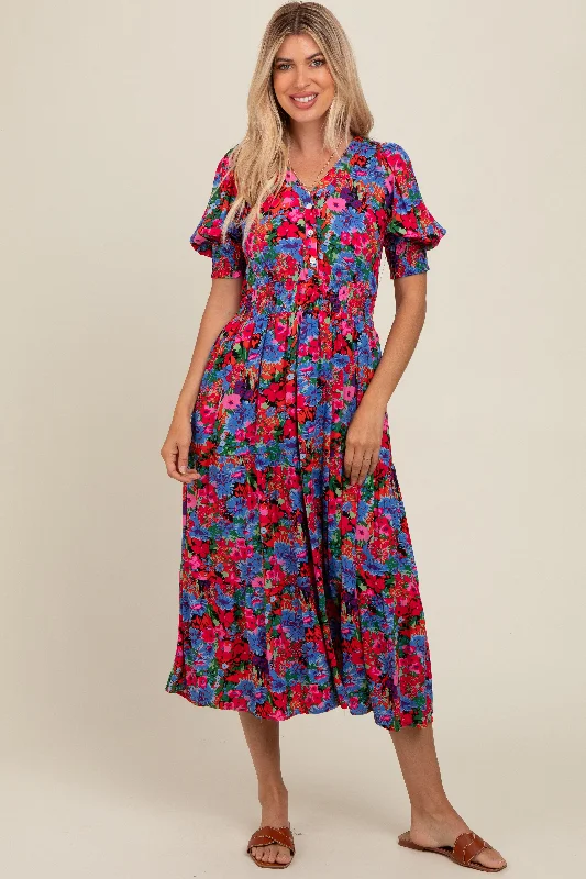 Blue Floral Smocked Waist Midi Dress