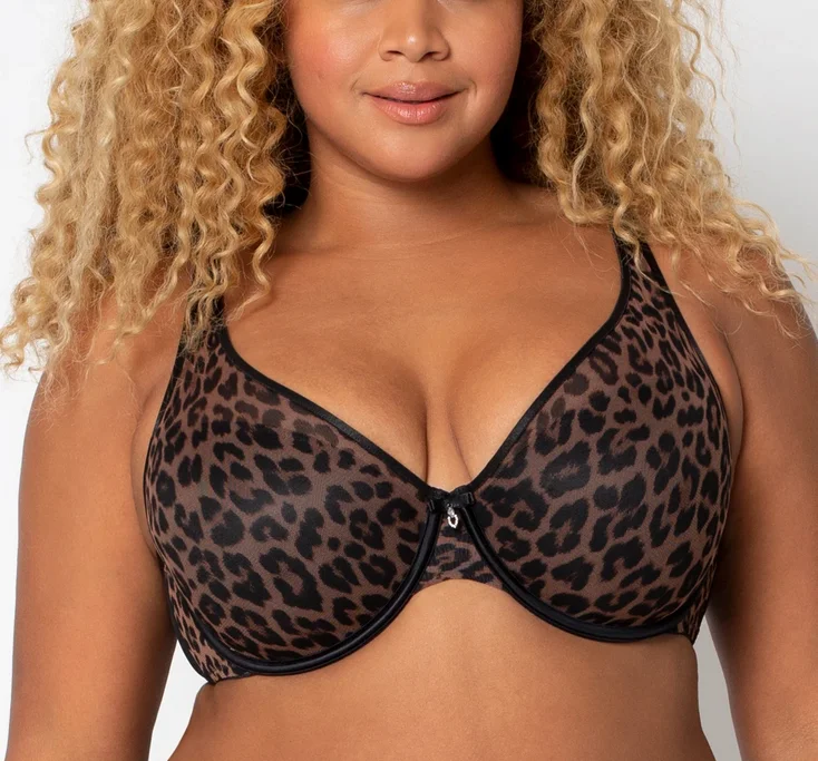 Curvy Couture Sheer Mesh Plunge Designer Leo T Shirt Push Up Bra 1310