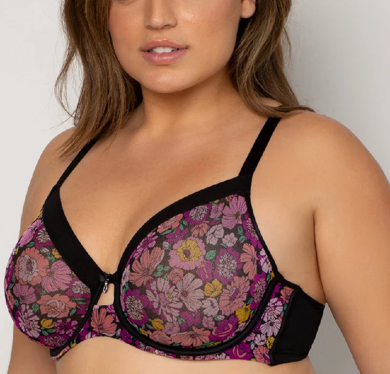 Curvy Couture Sheer Mesh Retro Rose Unlined Bra 1311