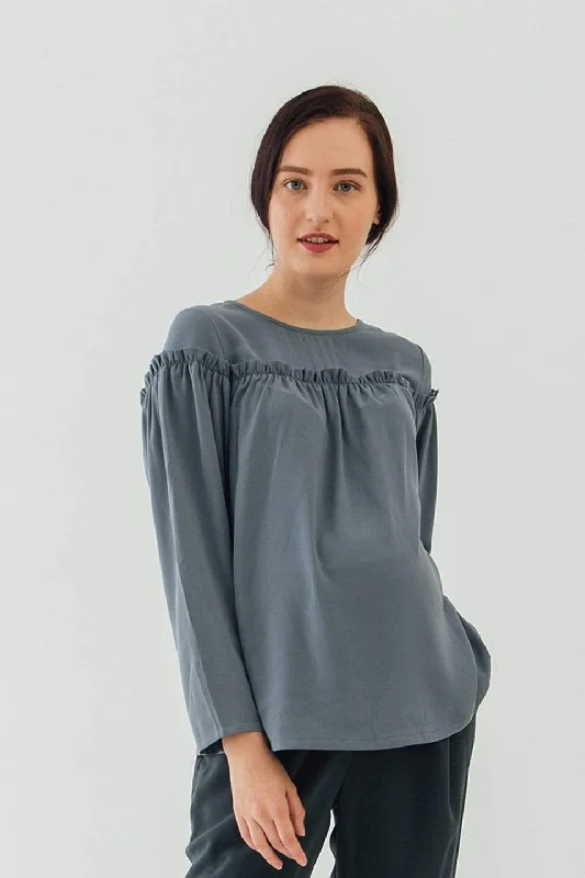 Flounce Long Sleeves Cherice Top Charcoal