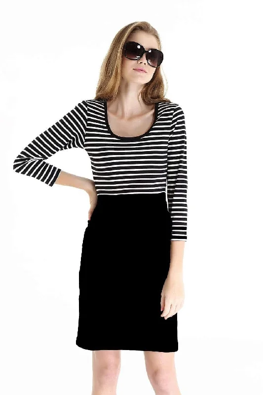 Knitted 3/4 Sleeve Angelina Nursing Dress Black Stripes