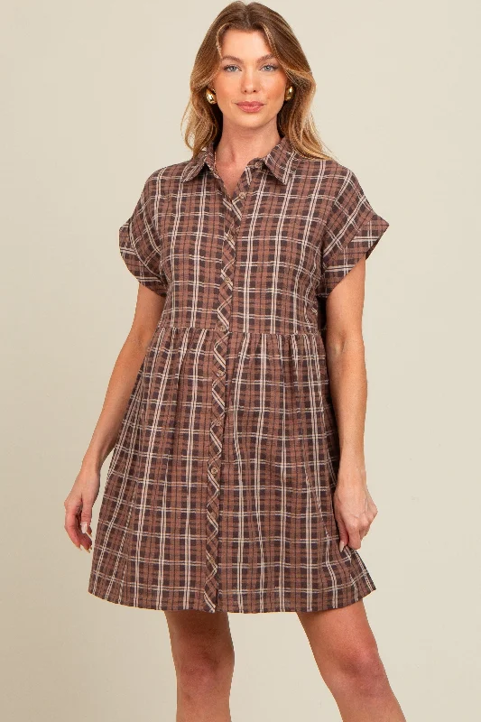 Mocha Plaid Rolled Cuff Sleeve Button Down Maternity Dress