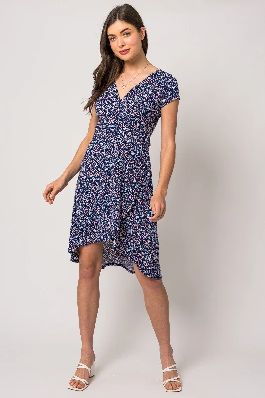 plunge push up bras for a bold lookNavy Blue Floral Front Wrap Short Sleeve Dress