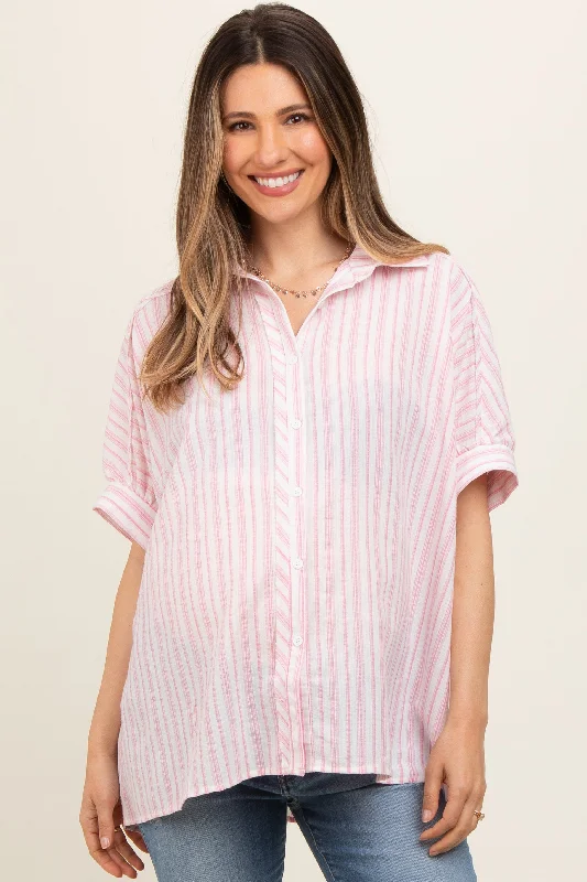 Pink Striped Button Up Collared Short Sleeve Maternity Top