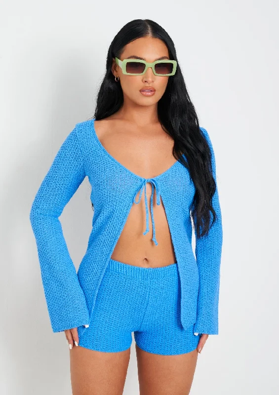 boyfriend style women cardigan for a relaxed fitAthena Blue Crochet Knit Short