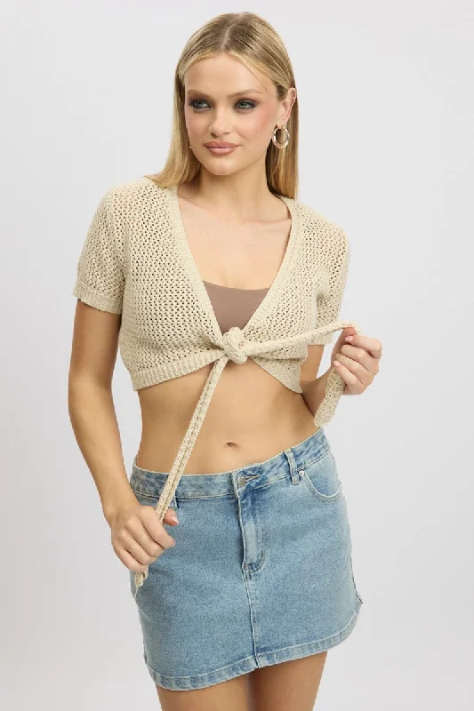 long length women cardigan with side slitsBeige Crochet Knit Cardigan Tie Up