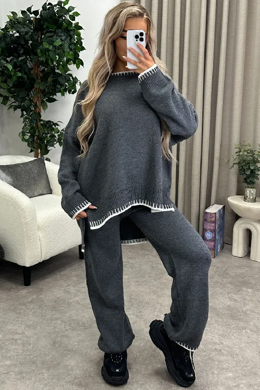 oversized women cardigan for a trendy and cozy lookCloe Charcoal Contrast Trim Knitted Jumper and Wide Leg Trousers Co-Ord Set oversized women cardigan for a trendy and cozy lookCloe Charcoal Contrast Trim Knitted Jumper and Wide Leg Trousers Co-Ord Set