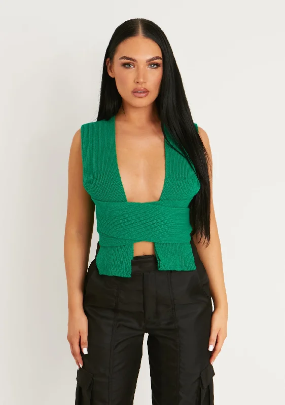 Daphne Green Knitted Wrap Crop Top