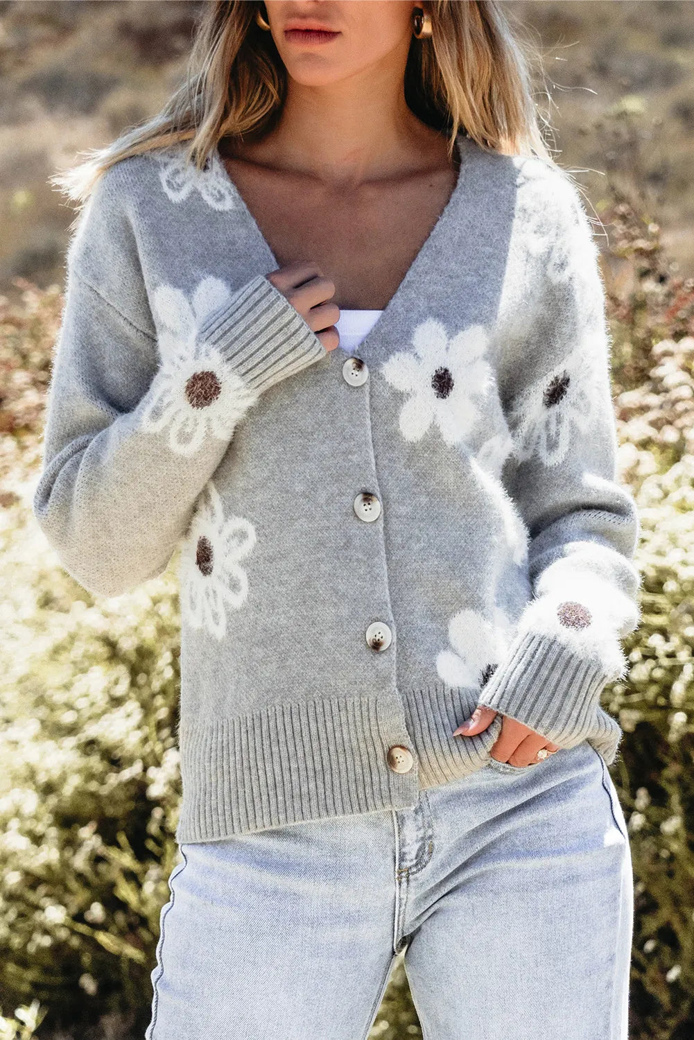 cropped women cardigan to pair with high - waisted jeansFlower Button Up Long Sleeve Cardigan cropped women cardigan to pair with high - waisted jeansFlower Button Up Long Sleeve Cardigan