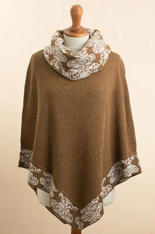 plus size women cardigan for comfortable layeringGlamour Glimpses Sepia Brown and Ivory Alpaca Blend Cowl Neck Knit Poncho