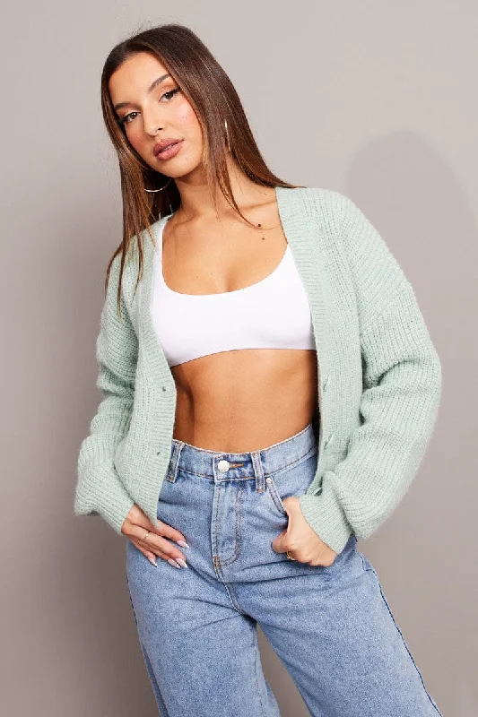 machine washable women cardigan for easy careGreen Knit Cardigan Long Sleeve V Neck Button Up
