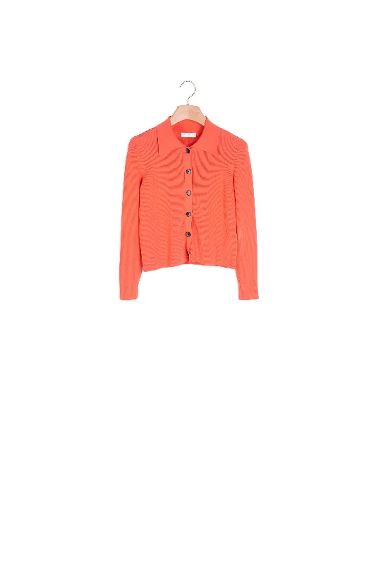 hand knitted women cardigan with artisanal charmCardigan court à col chemise