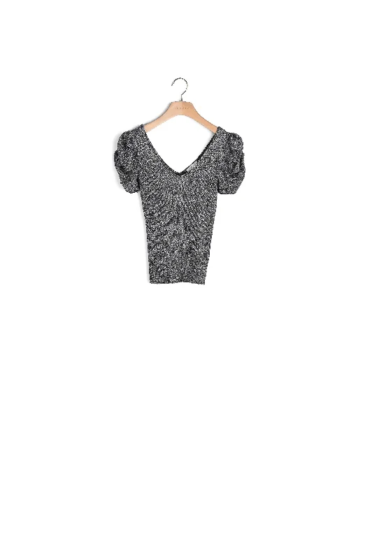 long length women cardigan with side slitsTop en maille lurex à manches bouffantes