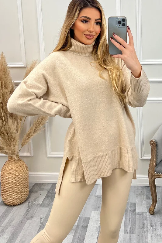 Jayleen Beige Roll Neck Oversized Knit Jumper