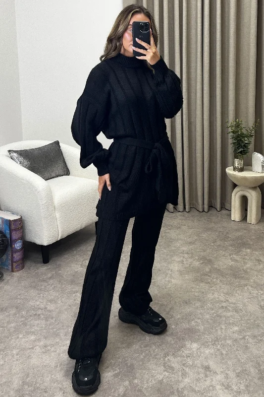 Kila Black Belted Jumper and Trousers Knitted Loungewear Set