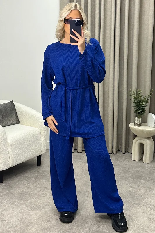 Kourtney Royal Blue Tie Belted Top and Trousers Knit Loungewear Set