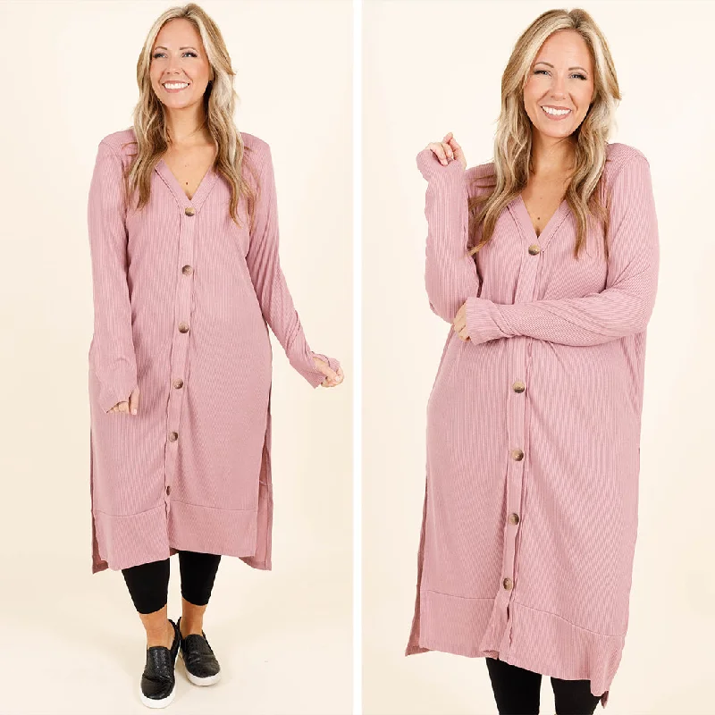 long length women cardigan with side slitsLong Way From You Cardigan, Light Rose
