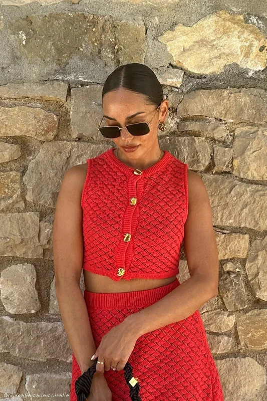 boyfriend style women cardigan for a relaxed fitLorenza Crochet Button Down Crop Top - Pomegranate boyfriend style women cardigan for a relaxed fitLorenza Crochet Button Down Crop Top - Pomegranate