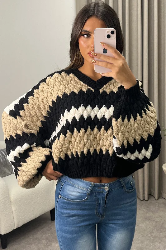 Nena Beige and Black V Neck Balloon Sleeve Knitted Jumper