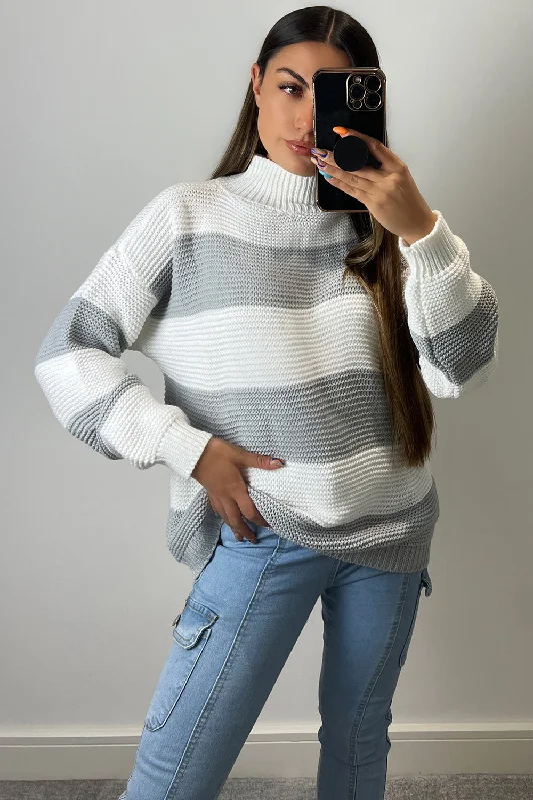 Selina Grey and White Stripe High Neck Knit Jumper