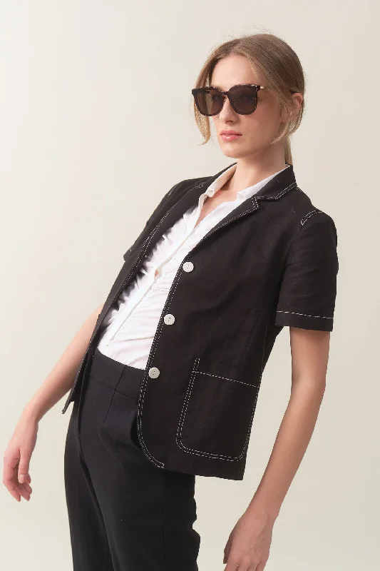 Short Sleeve Linen Blazer - Black