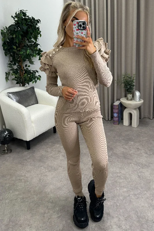 Taya Beige Ribbed Frill Sleeve Top and Leggings Knit Co-Ord Set