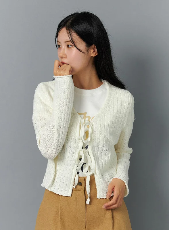 oversized women cardigan for a trendy and cozy lookTie V-Neck Ribbed Cardigan ON324