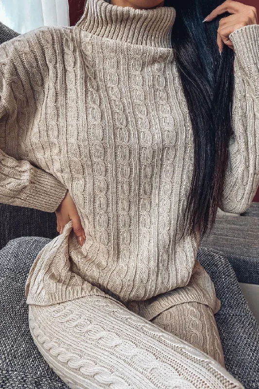 Toni Beige Cable Knit Oversized Roll Neck Co-Ord