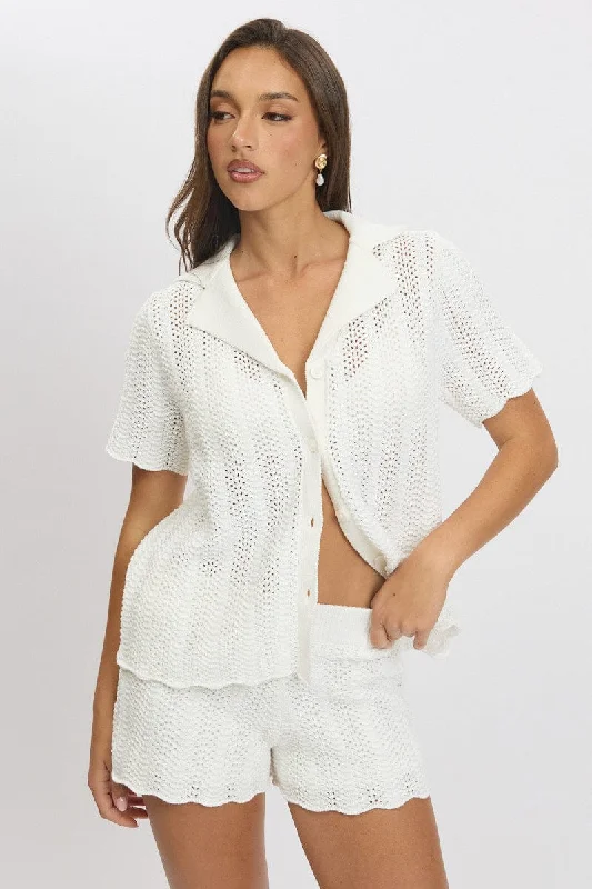 cropped women cardigan to pair with high - waisted jeansWhite Crochet Knit Cardigan Collared cropped women cardigan to pair with high - waisted jeansWhite Crochet Knit Cardigan Collared