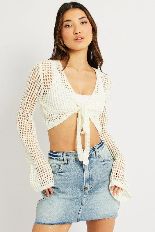 boyfriend style women cardigan for a relaxed fitWhite Crochet Tie Up Cardigan