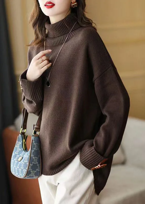 Button - Down Women's Shetland Wool Sweaters in Traditional PatternsArt Chocolate Turtle Neck Low High Design Knit Sweater Winter Button - Down Women's Shetland Wool Sweaters in Traditional PatternsArt Chocolate Turtle Neck Low High Design Knit Sweater Winter