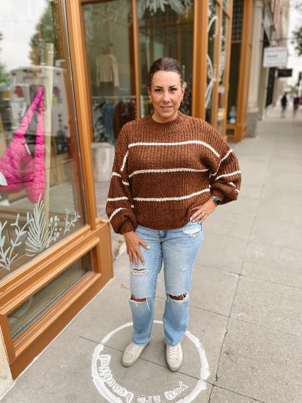 Plus Size Women's Belted Cable Knit SweatersBrown Oversized Sweater With Stripes