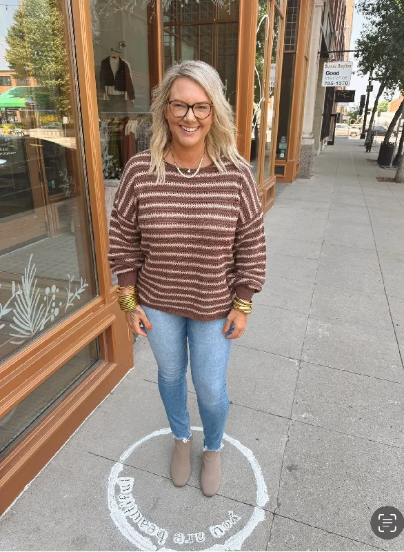 High - Low Hem Women's Cashmere - Blended SweatersBrown Striped Relaxed Fit Sweater