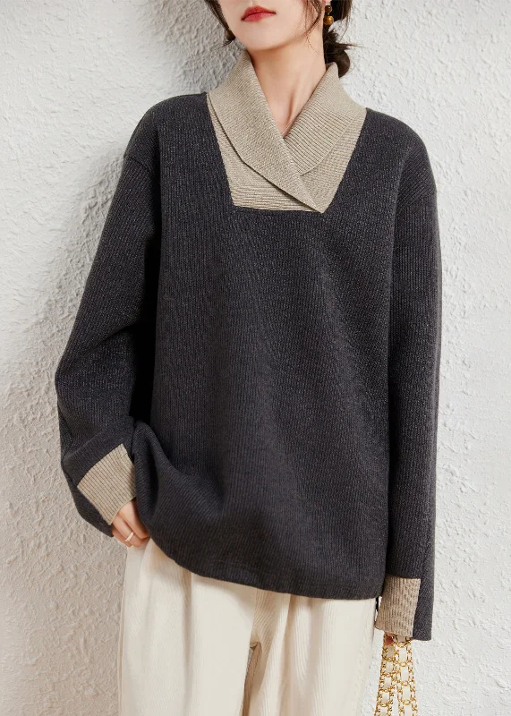 Plus Size Women's Side - Slit Sweaters in Bold SolidsCasual Grey Peter Pan Collar Patchwork Knit Sweater Winter Plus Size Women's Side - Slit Sweaters in Bold SolidsCasual Grey Peter Pan Collar Patchwork Knit Sweater Winter