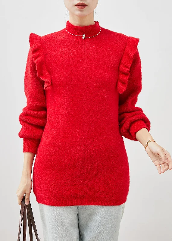 Classy Red Ruffled Patchwork Thick Knit Short Sweater Winter