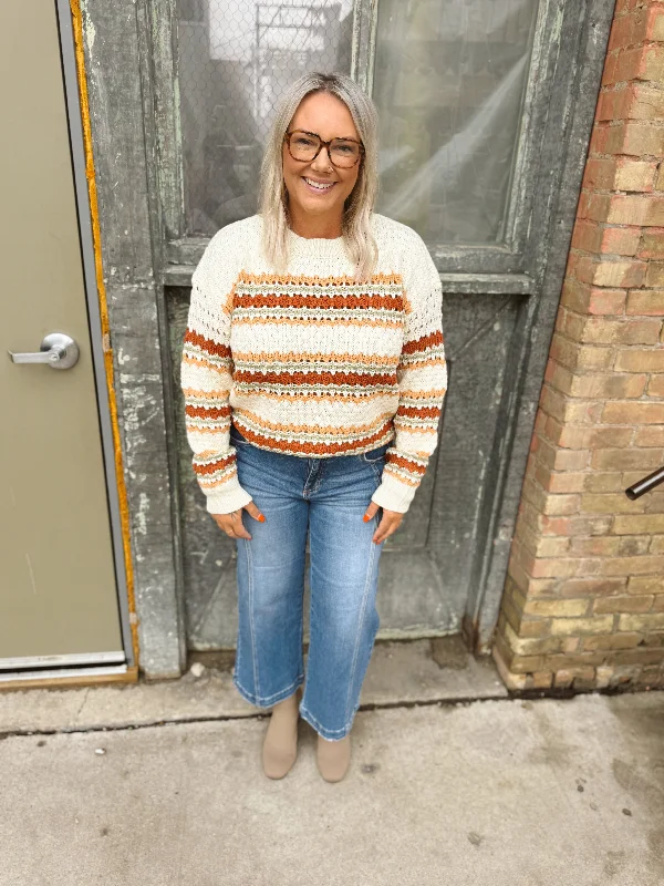 Split - Hem Women's Linen Blend Sweaters for SpringCopper Mix Striped Sweater