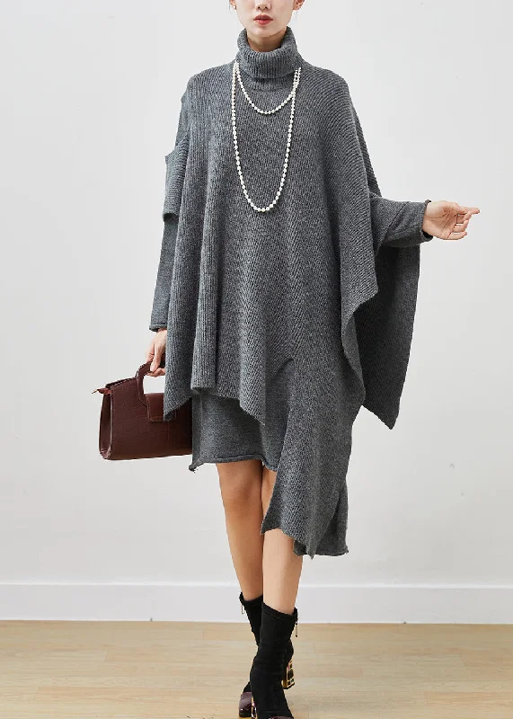 Diy Grey High Neck Asymmetrical Knit Dress Two Piece Suit Set Spring