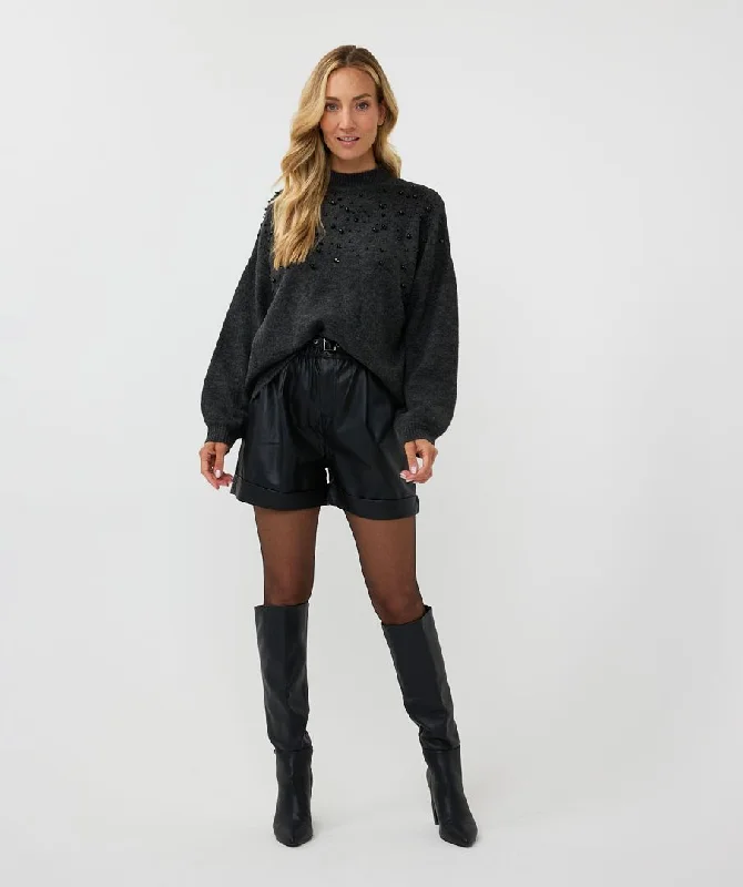 Plus Size Women's Belted Cable Knit SweatersEsqualo Dark Grey Beaded Sweater