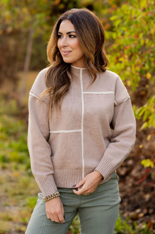 V - Neck Women's Ribbed Wool Sweaters for FallGrid Stitched Mock Neck Sweater